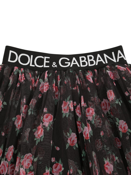 Dolce&Gabbana: Jupe courte en tulle imprimé avec bande logo - Noir - kids-girls_1 | Luisa Via Roma