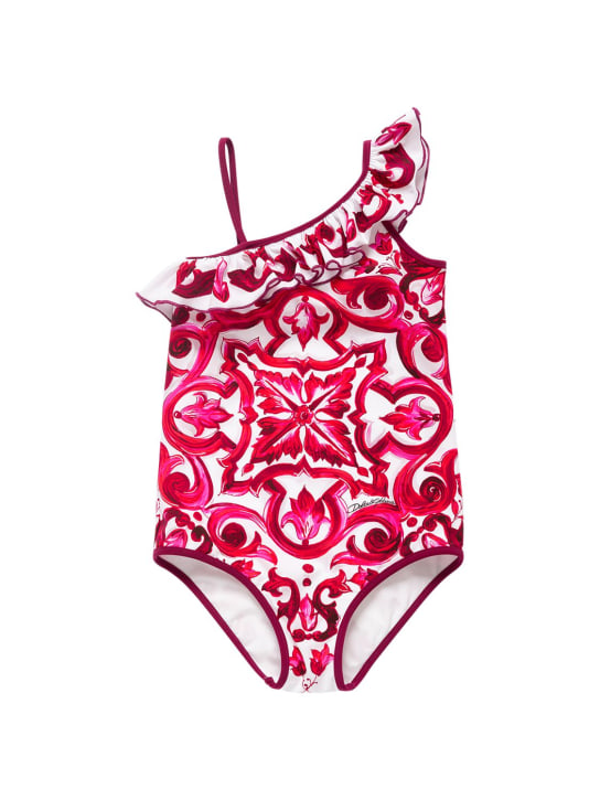 Dolce&Gabbana: Majolica print Lycra one piece swimsuit - Fuchsia/White - kids-girls_0 | Luisa Via Roma