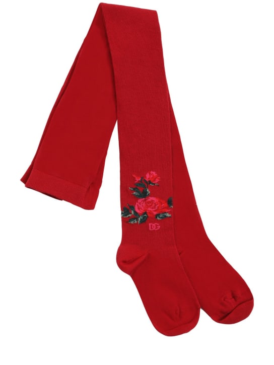 Dolce&Gabbana: Collant en maille de coton côtelé à logo - Rouge - kids-girls_0 | Luisa Via Roma