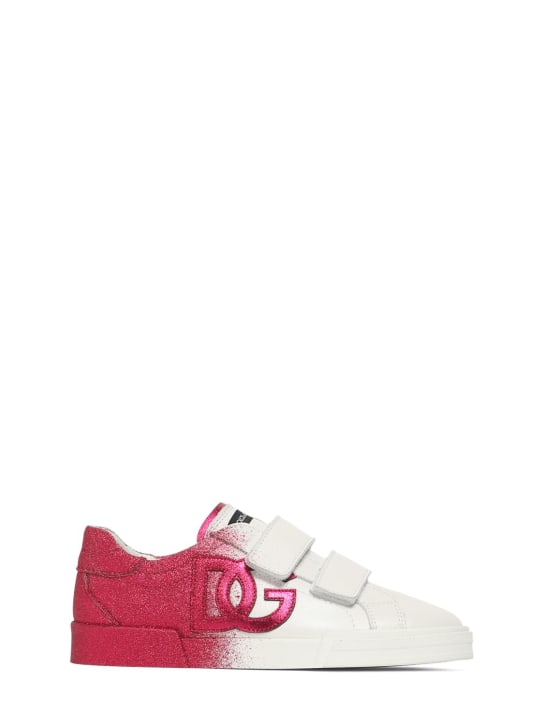 Dolce&Gabbana: 로고 프린트 가죽 스트랩 스니커즈 - 화이트/자홍색 - kids-girls_0 | Luisa Via Roma