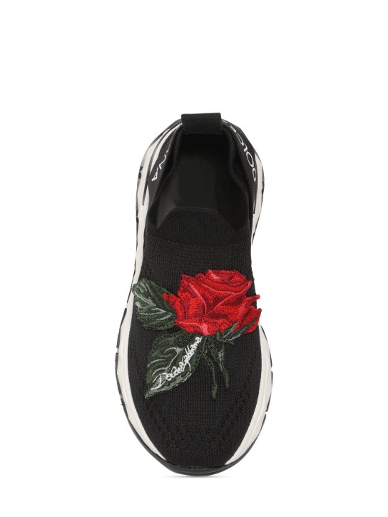 Dolce&Gabbana: Sneakers slip-on in maglia con logo - Nero - kids-girls_1 | Luisa Via Roma