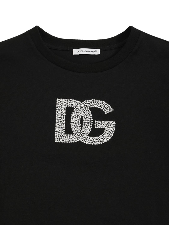 Dolce&Gabbana: 装饰logo棉质平纹针织T恤 - 黑色 - kids-girls_1 | Luisa Via Roma