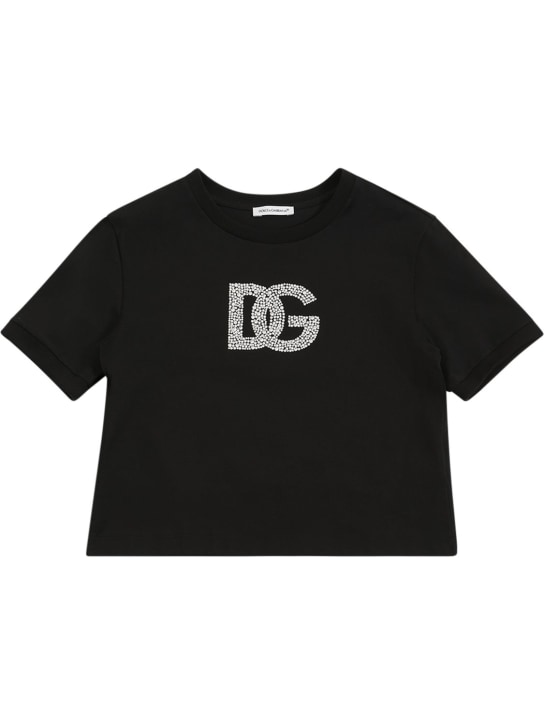 Dolce&Gabbana: 装饰logo棉质平纹针织T恤 - 黑色 - kids-girls_0 | Luisa Via Roma