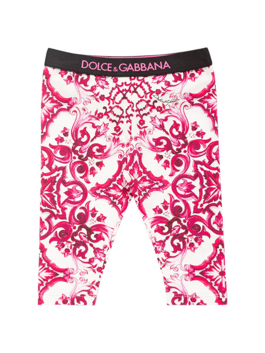 Dolce&Gabbana: Majolica print cotton leggings w/logo - Fuchsia - kids-girls_0 | Luisa Via Roma