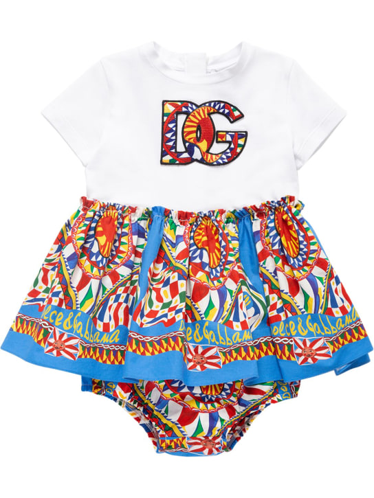 Dolce&Gabbana: Logo printed cotton dress w/diaper cover - Multicolor - kids-girls_0 | Luisa Via Roma