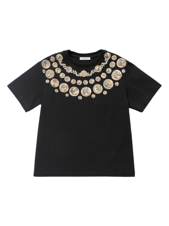 Dolce&Gabbana: T-shirt in jersey di cotone stampato - Nero - kids-girls_0 | Luisa Via Roma