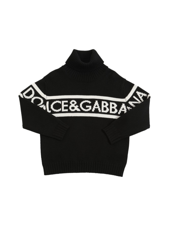 Dolce&Gabbana: Pull-over à col roulé en maille de laine à logo - Noir - kids-girls_0 | Luisa Via Roma