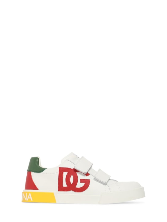 Dolce&Gabbana: Logo印花皮革粘扣运动鞋 - 白色/多色 - kids-boys_0 | Luisa Via Roma