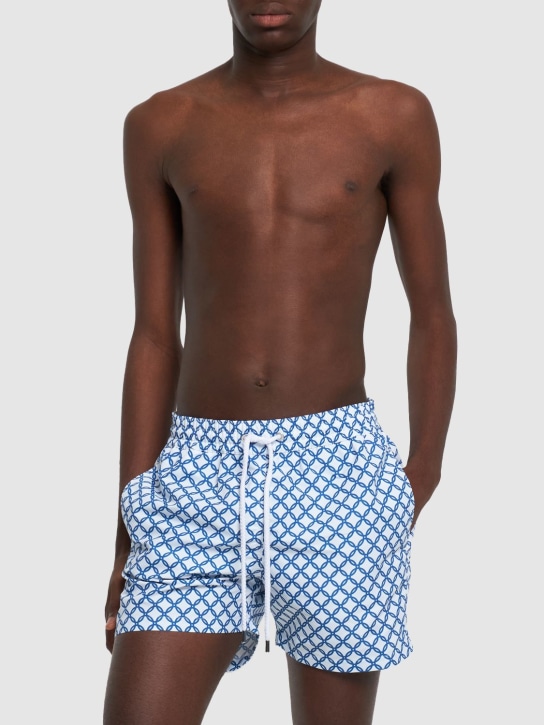 Frescobol Carioca: Trelica print tech swim shorts - White/Blue - men_1 | Luisa Via Roma