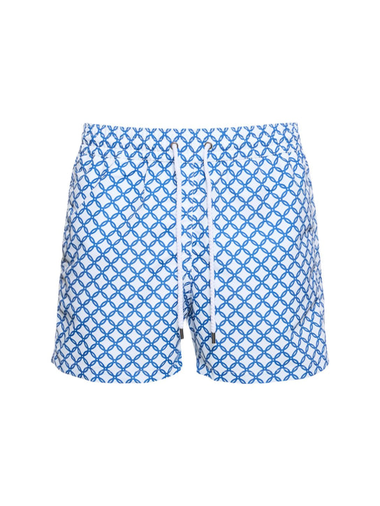 Frescobol Carioca: Trelica print tech swim shorts - White/Blue - men_0 | Luisa Via Roma