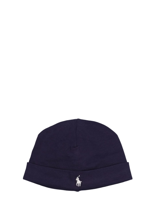 Polo Ralph Lauren: Bonnet en coton interlock à logo brodé - Bleu Marine - kids-boys_0 | Luisa Via Roma