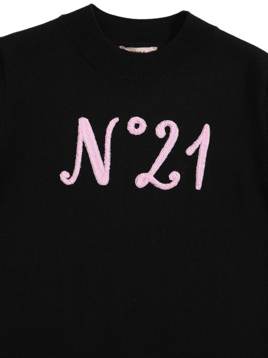 N°21: Logo嵌花羊毛混纺针织连衣裙 - 黑色 - kids-girls_1 | Luisa Via Roma