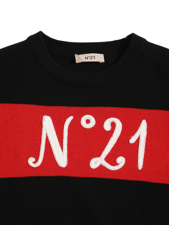 N°21: Logo嵌花羊毛混纺针织毛衣 - 黑色/红色 - kids-girls_1 | Luisa Via Roma