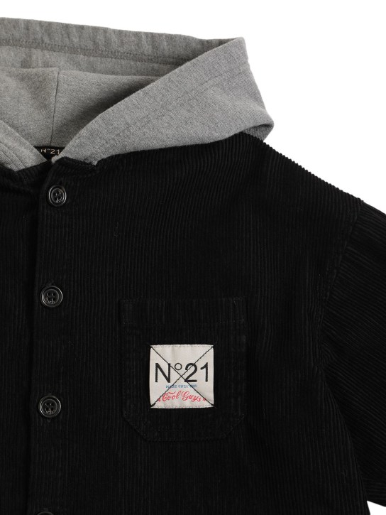N°21: Cotton corduroy shirt w/ hood - Black/Grey - kids-boys_1 | Luisa Via Roma