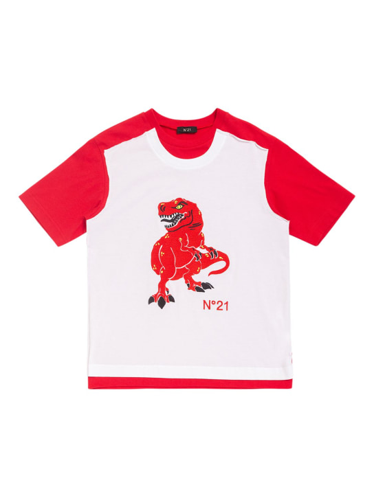 N°21: 恐龙印花棉质平纹针织T恤 - 白色/红色 - kids-boys_0 | Luisa Via Roma