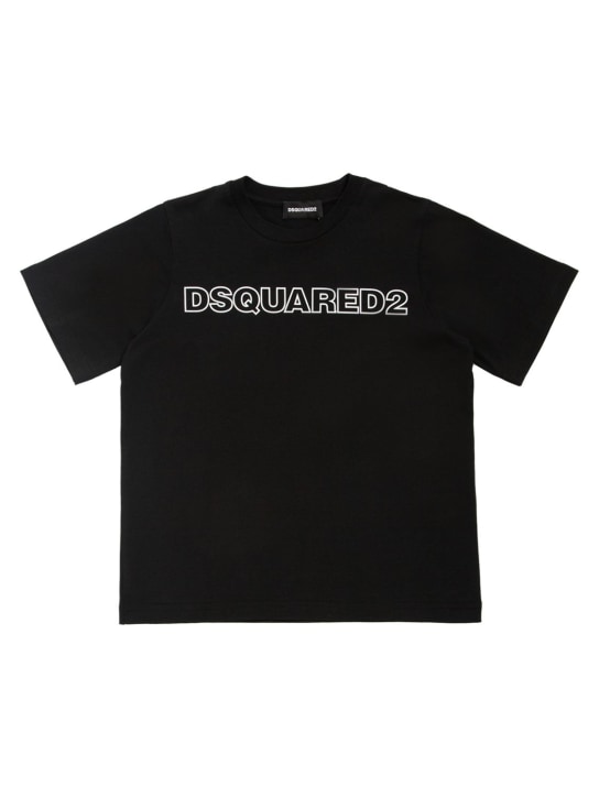 Dsquared2: T-shirt in jersey di cotone con logo gommato - Nero - kids-boys_0 | Luisa Via Roma
