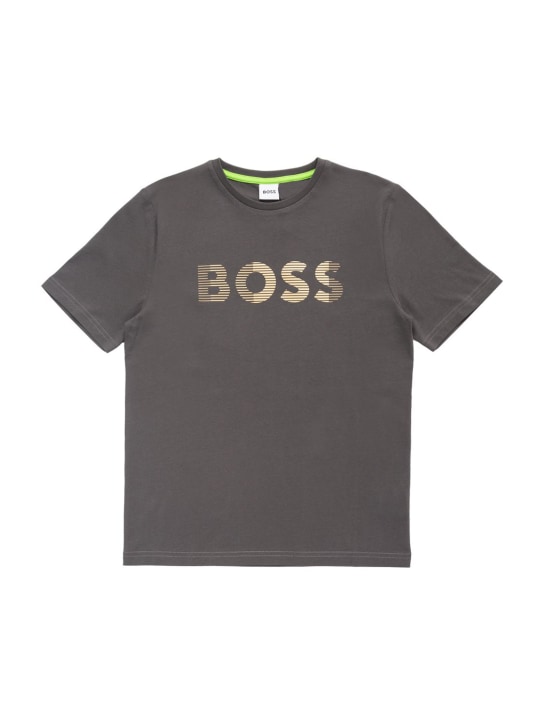 Boss: T-shirt en jersey de coton à logo caoutchouté - Gris Foncé - kids-boys_0 | Luisa Via Roma