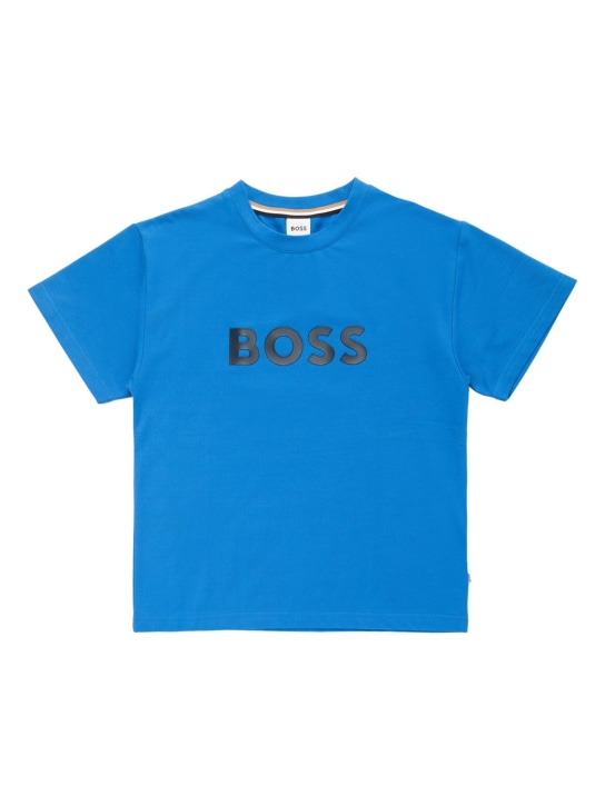 Boss: T-shirt en jersey de coton à logo caoutchouté - kids-boys_0 | Luisa Via Roma