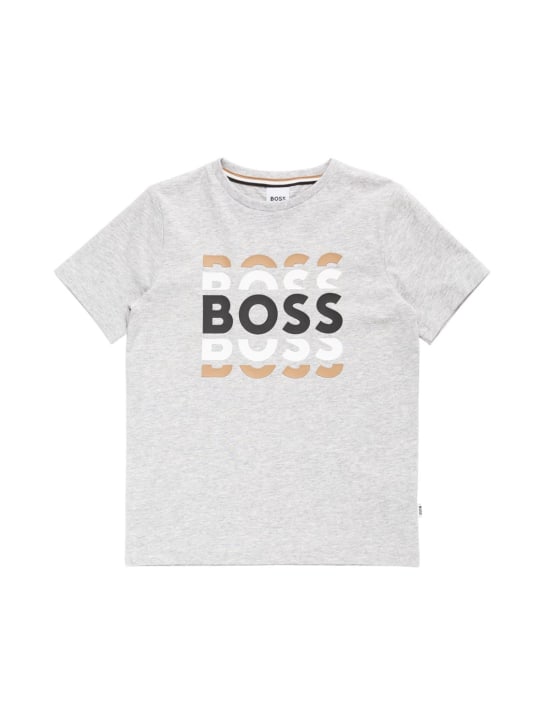 Boss: T-shirt en jersey de coton à logo caoutchouté - Gris - kids-boys_0 | Luisa Via Roma
