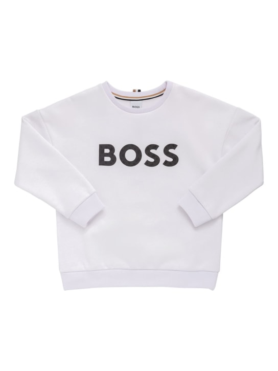 Boss: Cotton blend sweatshirt w/ nylon logo - Beyaz - kids-boys_0 | Luisa Via Roma