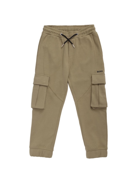 Boss: Pantalon cargo en coton à logo caoutchouté - Vert Militaire - kids-boys_0 | Luisa Via Roma