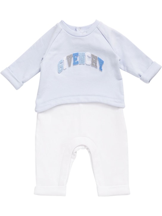 Givenchy: Barboteuse en coton avec patch logo - Bleu Clair/Blanc - kids-boys_0 | Luisa Via Roma