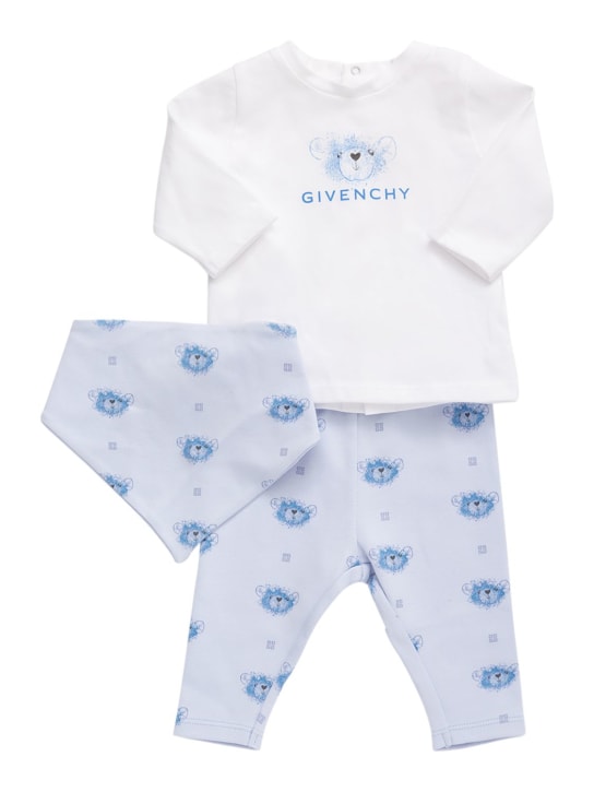 Givenchy: T-shirt, pantaloni e bavaglio in jersey di cotone - Bianco/Azzurro - kids-boys_0 | Luisa Via Roma