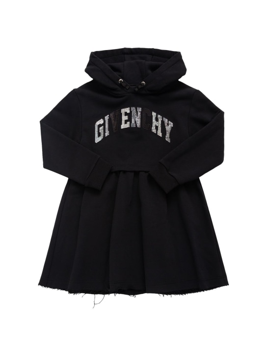 Givenchy: 亮片棉质平纹针织连帽连衣裙 - 黑色 - kids-girls_0 | Luisa Via Roma