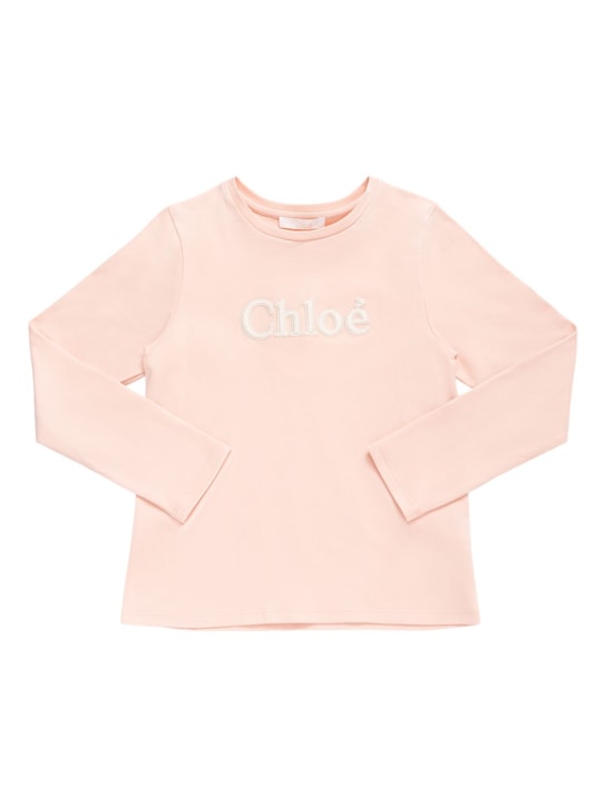 Chloé: Logo有机棉平纹针织T恤 - 粉色 - kids-girls_0 | Luisa Via Roma