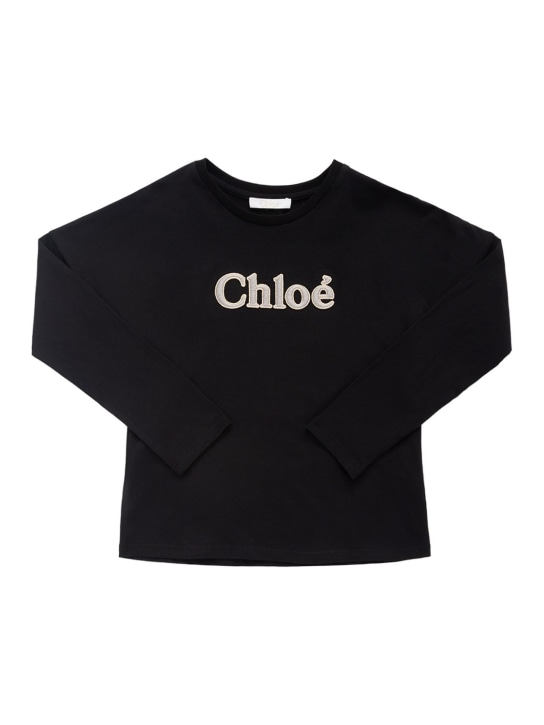 Chloé: Organic cotton jersey t-shirt w/logo - Black - kids-girls_0 | Luisa Via Roma
