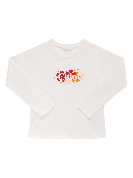 Chloé: 로고 오가닉 코튼 저지 티셔츠 - 화이트 - kids-girls_0 | Luisa Via Roma