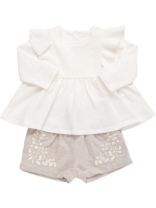 Chloé: オーガニックコットンTシ��ツ＆ショートパンツ - ホワイト/グレー - kids-girls_0 | Luisa Via Roma