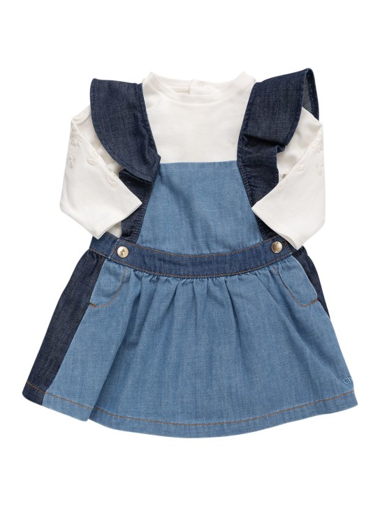 Chloé: Camicia in cotone organico / vestito in denim - Bianco/Denim - kids-girls_0 | Luisa Via Roma