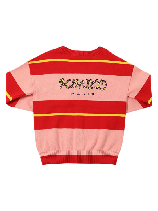 Kenzo Kids: Cardigan en maille à rayures avec patch logo - Rouge/Rose - kids-girls_0 | Luisa Via Roma