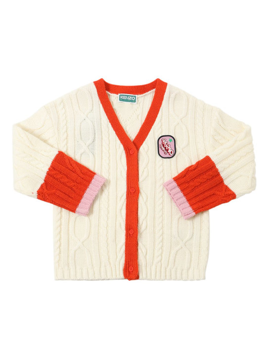 Kenzo Kids: Cable knit cardigan w/logo patch - Beyaz/Kırmızı - kids-girls_0 | Luisa Via Roma