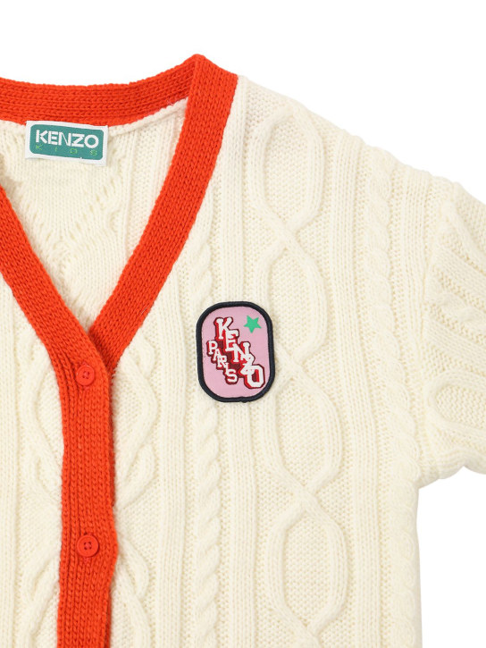 Kenzo Kids: Logo贴片扭绳针织开衫 - 白色/红色 - kids-girls_1 | Luisa Via Roma