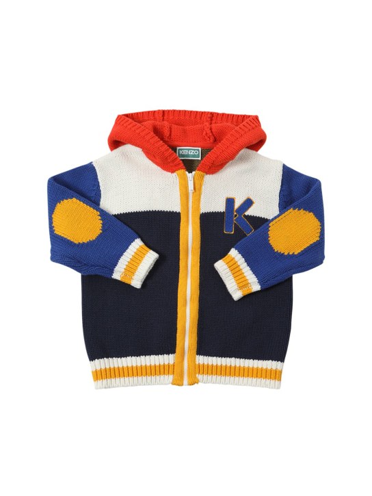 Kenzo Kids: Cotton & wool knit cardigan w/hood - Blue - kids-boys_0 | Luisa Via Roma
