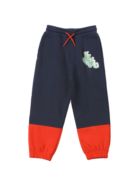 Kenzo Kids: Pantalon en coton avec patch logo - Bleu Marine/Orange - kids-boys_0 | Luisa Via Roma