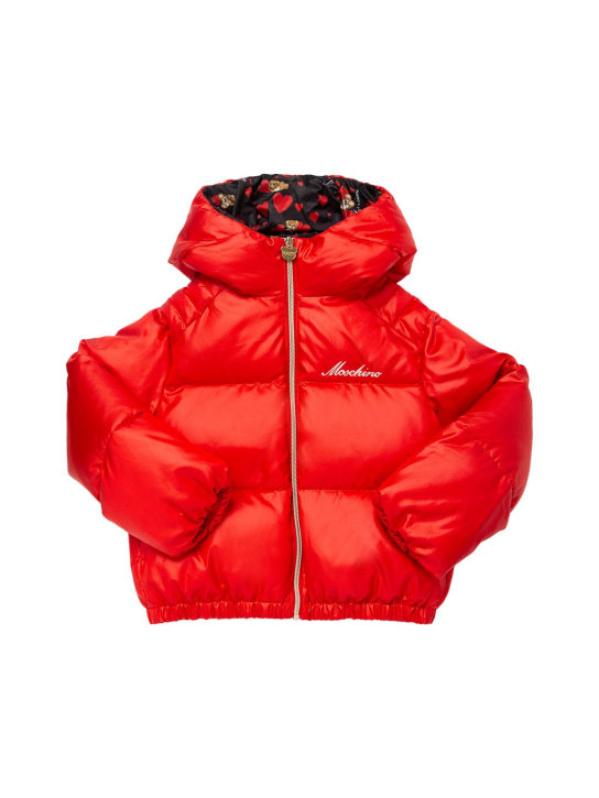 Moschino: Embroidered logo nylon puffer jacket - Red - kids-girls_0 | Luisa Via Roma