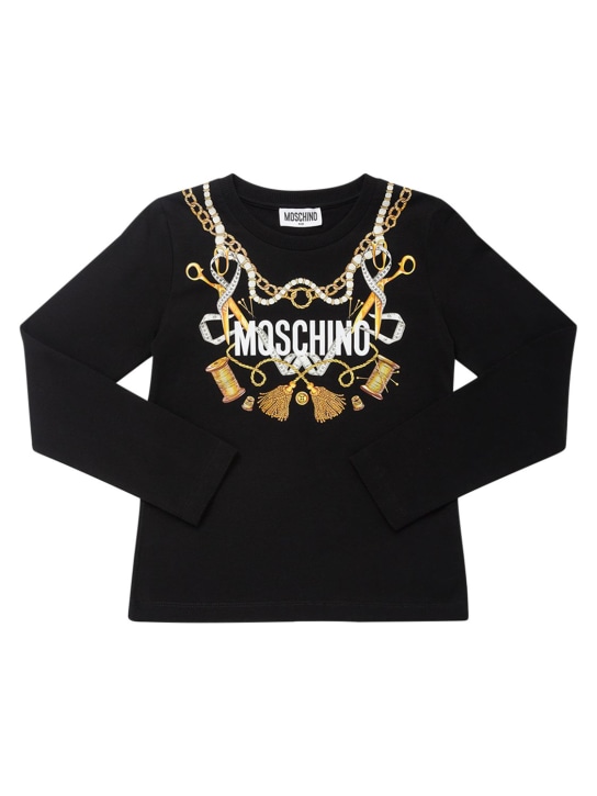 Moschino: T-shirt en jersey de coton imprimé - Noir - kids-girls_0 | Luisa Via Roma