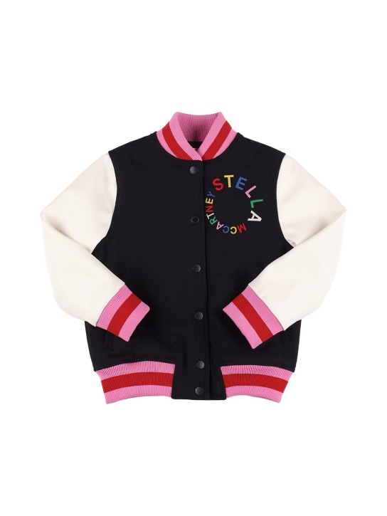 Stella Mccartney Kids: Wool & faux leather bomber jacket - Schwarz/Pink - kids-girls_0 | Luisa Via Roma