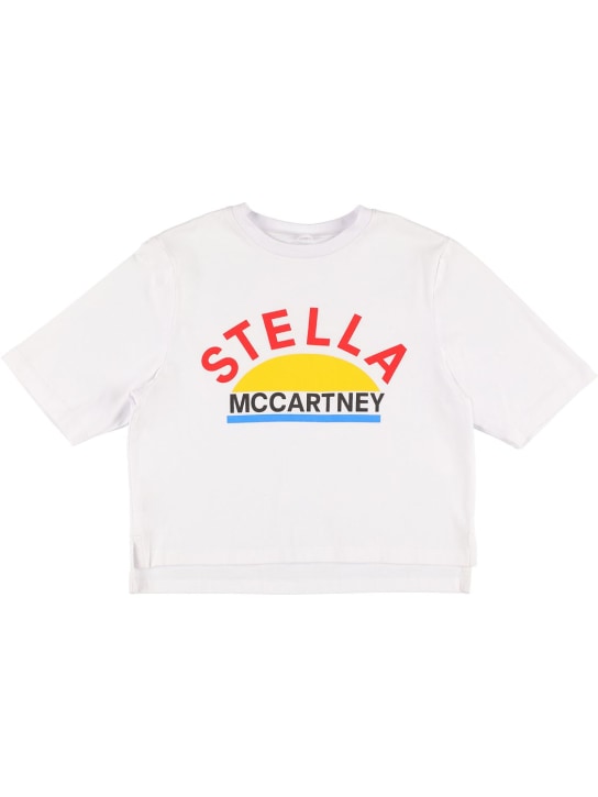Stella Mccartney Kids: Printed organic cotton cropped t-shirt - Beyaz - kids-girls_0 | Luisa Via Roma