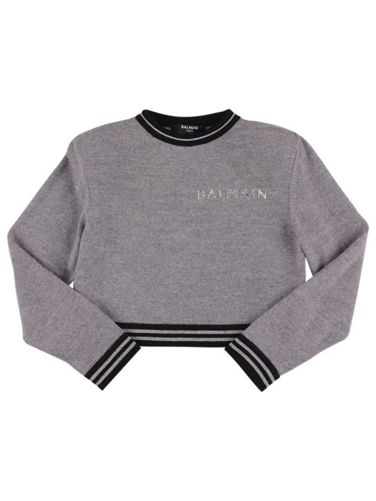 Balmain: Logo wool knit sweater - Grey - kids-girls_0 | Luisa Via Roma