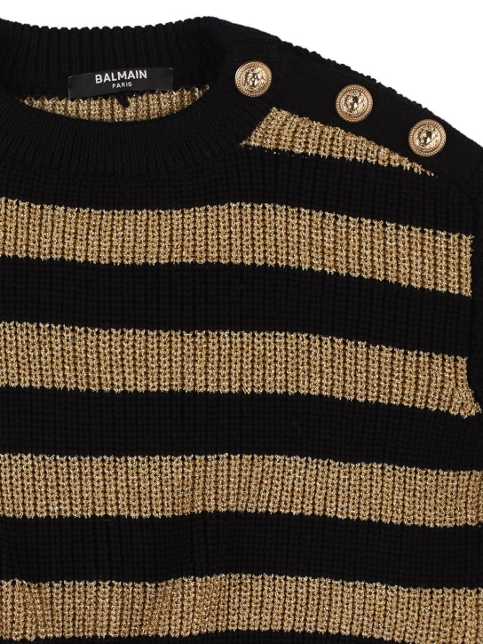 Balmain: Suéter de punto de lana a rayas - Negro/Dorado - kids-girls_1 | Luisa Via Roma