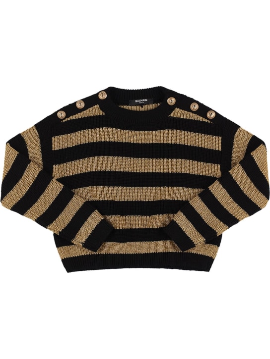 Balmain: Suéter de punto de lana a rayas - Negro/Dorado - kids-girls_0 | Luisa Via Roma