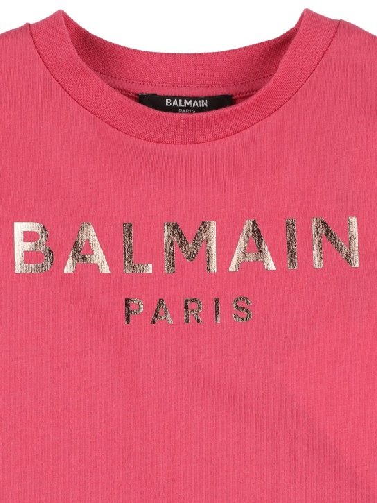 Balmain: 로고 오가닉 코튼 저지 티셔츠 - 자홍색 - kids-girls_1 | Luisa Via Roma