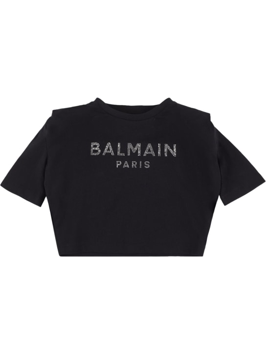 Balmain: T-shirt cropped in cotone organico con logo - Nero - kids-girls_0 | Luisa Via Roma