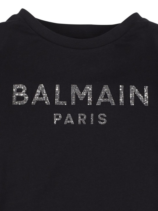 Balmain: T-shirt cropped in cotone organico con logo - Nero - kids-girls_1 | Luisa Via Roma
