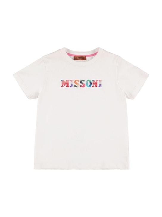 Missoni: 엠벨리쉬 로고 코튼 저지 티셔츠 - 화이트 - kids-girls_0 | Luisa Via Roma