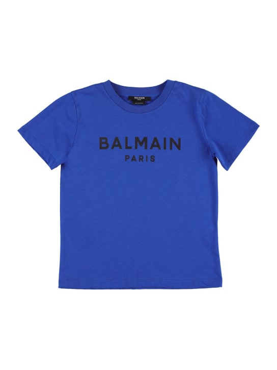 Balmain: T-shirt en jersey de coton biologique à logo - Bleu - kids-boys_0 | Luisa Via Roma